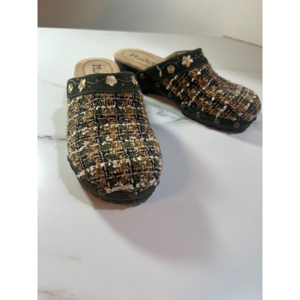 Mudd Vintage Tweed Floral Embroidered Clogs Green Brown Studded Mules Platform